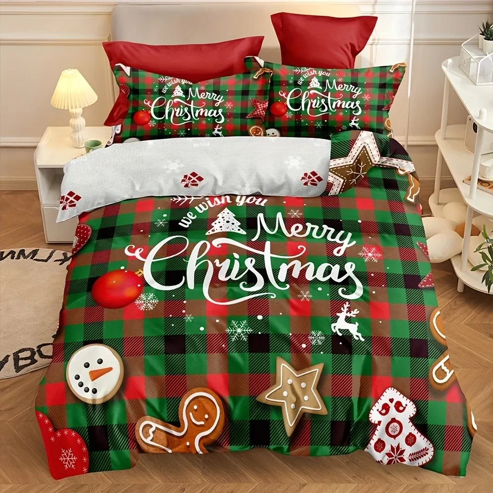 

3-Piece Christmas Theme Duvet Cover Set - Soft, Breathable, Comfortable Bedding with Vibrant Tree, Gingerbread Man, and Snowflak