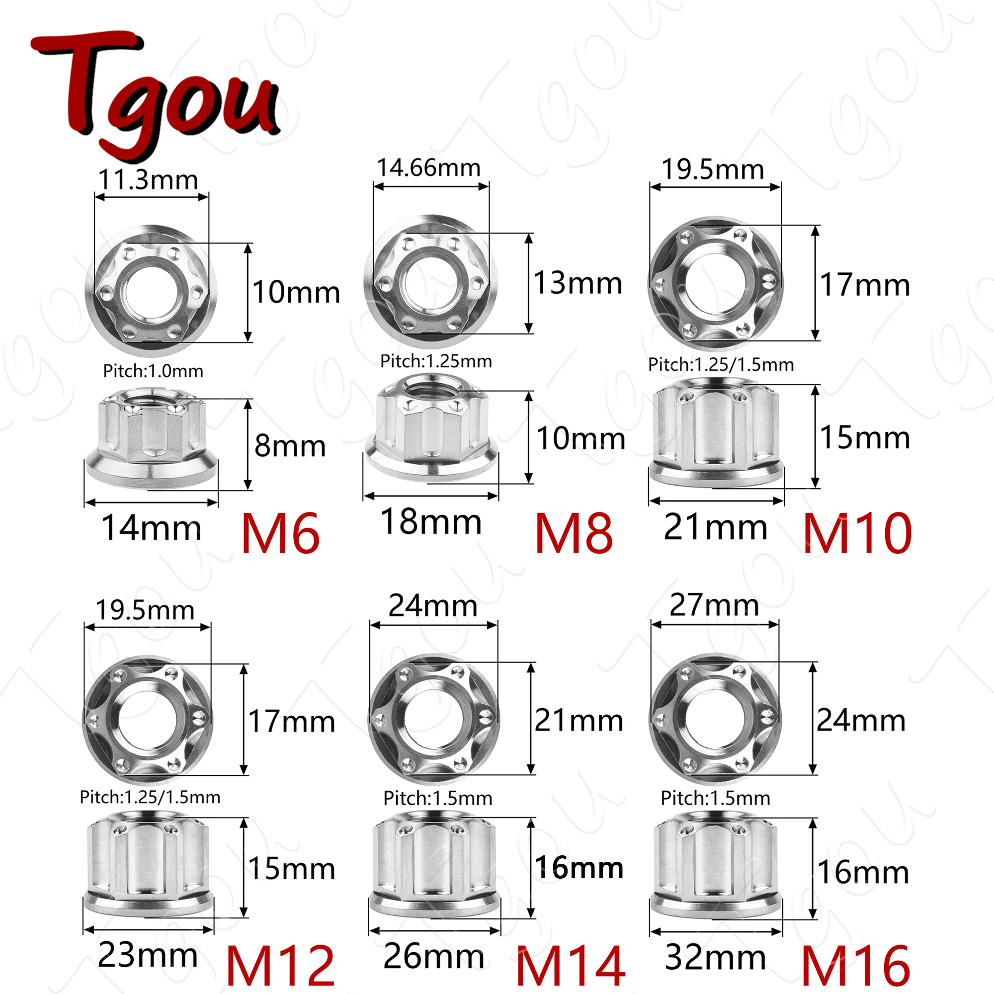 Tgou Titanium Nut M6/M8/M10/M12/M14/M16 Flange Nuts for Motorcycle Bicycle Car