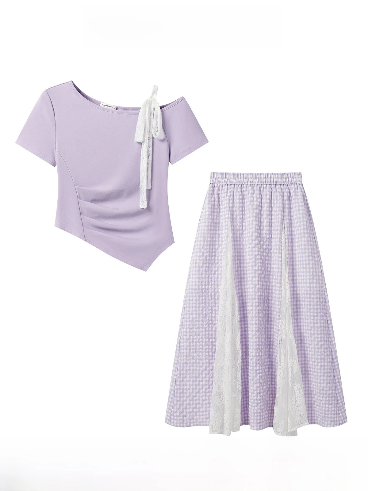 

Фиолетовый асимметричный комплект из футболки с коротким рукавом и юбки, женский, новинка 2025 года, летний, премиум-класса, модный комплект из двух предметов