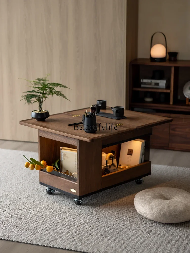 

05-*Sofa side cabinet foldable flip solid wood movable trolley rotating coffee table