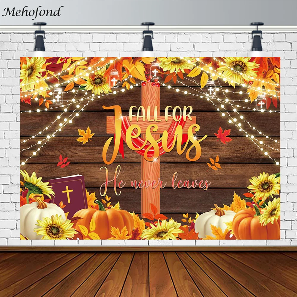 Mehofond Fall for Jesus Backdrop Autumn Pumpkin Sunflowers Board Cross Photography Background Photo Studio Photocall Props