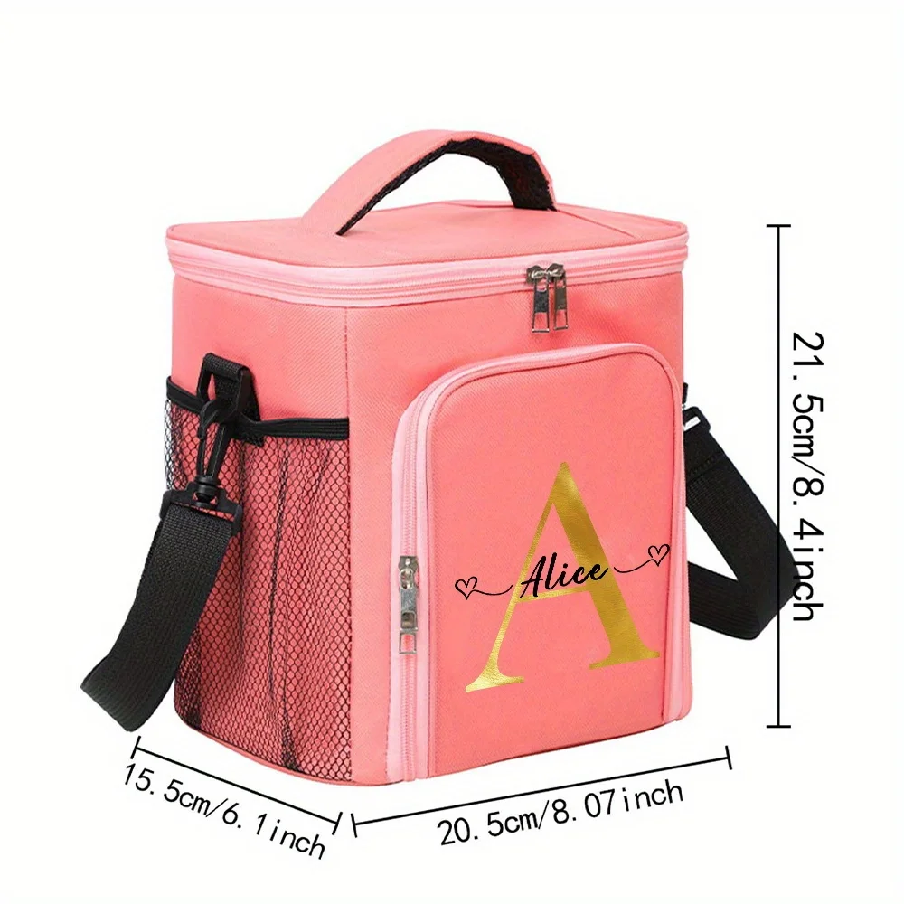 Customizable Name Double-layer Lunch Bag Insulated Bento Bag Portable Large Capacity Double-layer Bento Bag Gold Letter Series