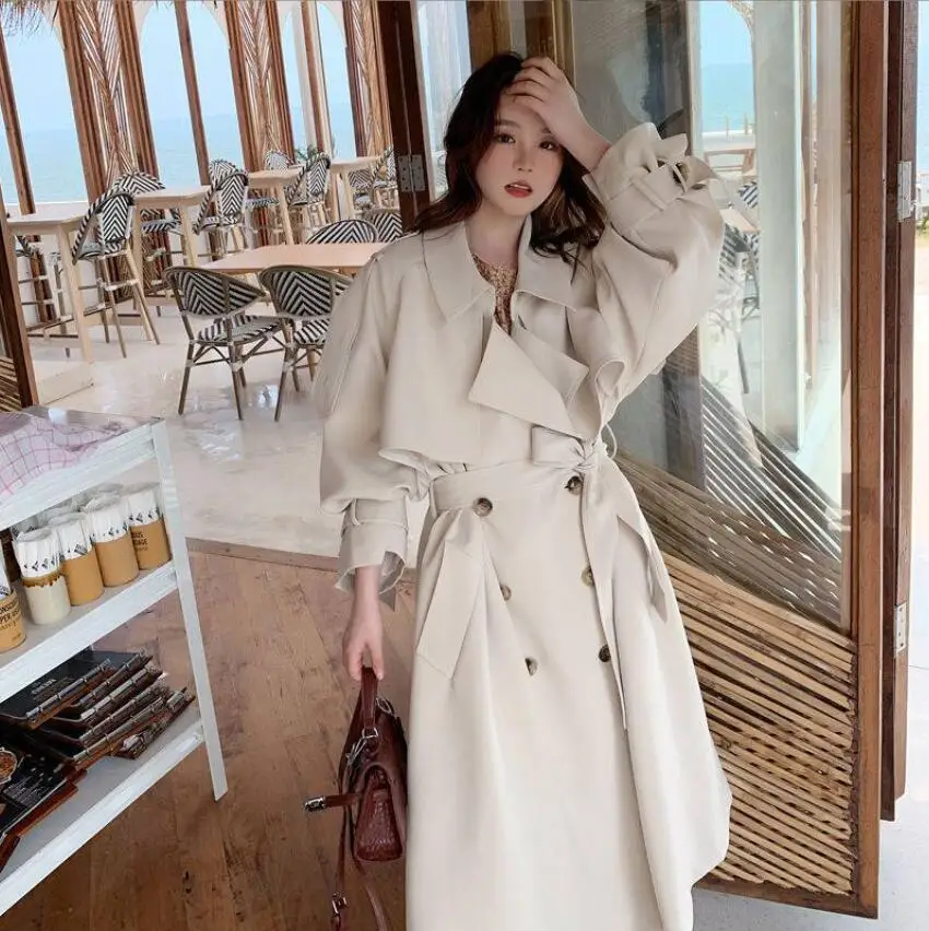 

Korea Loose Oversize Double-Breasted Long Trench Coat Women White Black Duster Coat Windbreaker Lady Outerwear Spring Clothes