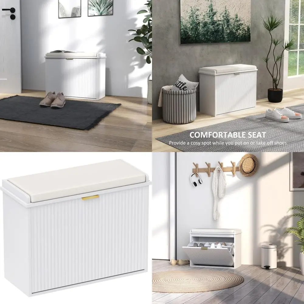 

Narrow Padded Shoe Bench Cabinet with Adjustable Shelves, Holds 265lb, 24.4x10.2x18.7, White