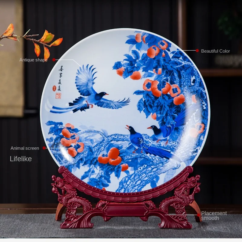 Jingdezhen Ceramic Hanging Plate Living Room Wine Cabinet Craft Ornaments Exquisite Painting Home Decoration Versatile with Base