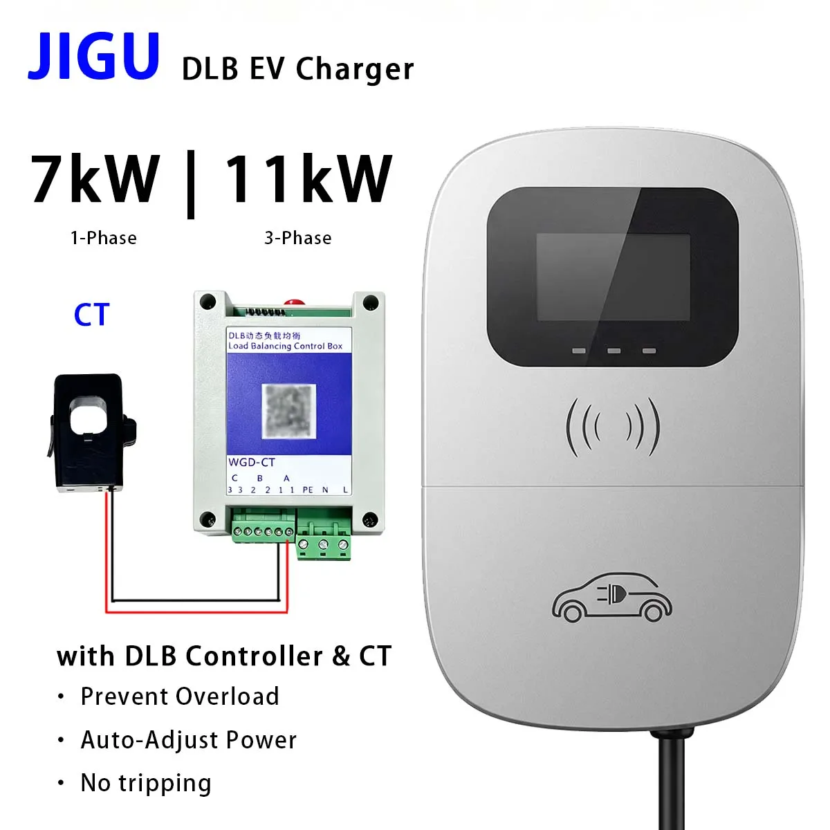 JIGU Dynamic Load Balancing EV Charger Type 2 1-Phase 7kW 3-Phase 11kW WiFi OCPP 1.6J Smart App with Wireless CT Wallbox DLB