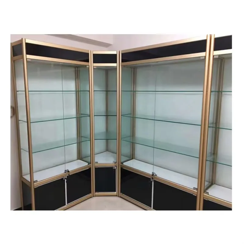 Custom.Aluminum Frame Silver pink Color Glass and MDF Corner showcase Design with Storage Cabinet
