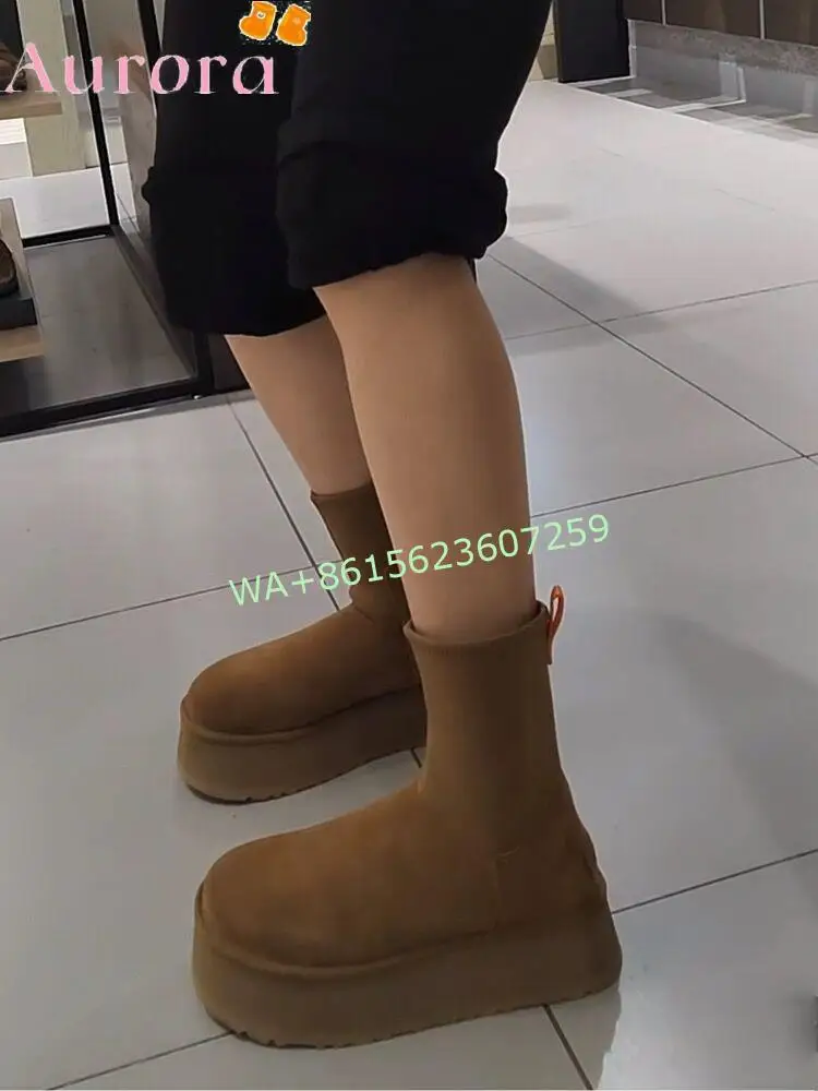 Fur Integrated Platform Ankle Boots 2023 Winter New Women's Short Elastic Side Zipper Plus Velvet Warm Snow Ankle Calf Booties