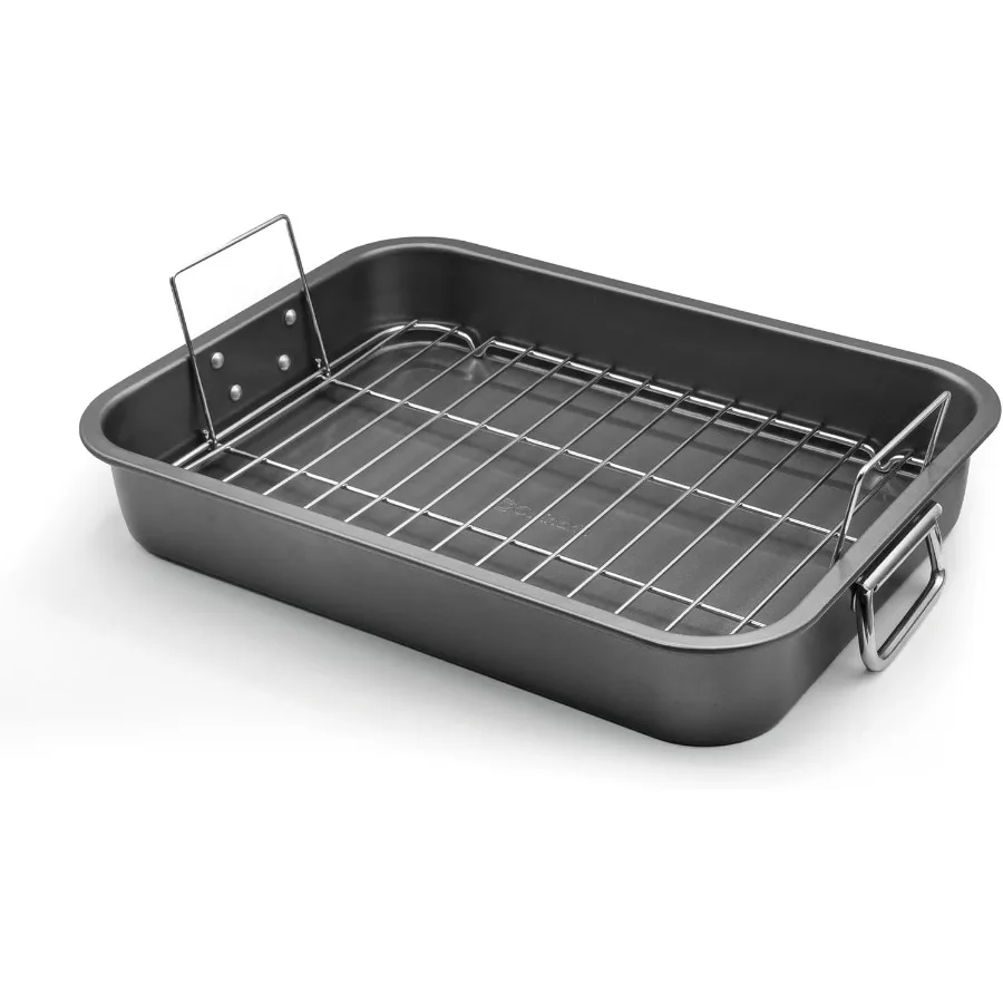 

Large Roasting Pan With Rack 12 X 16 Non Stick Roaster Pan and Flat Rack with Foldable Handles for Oven Use to Elevate Food for