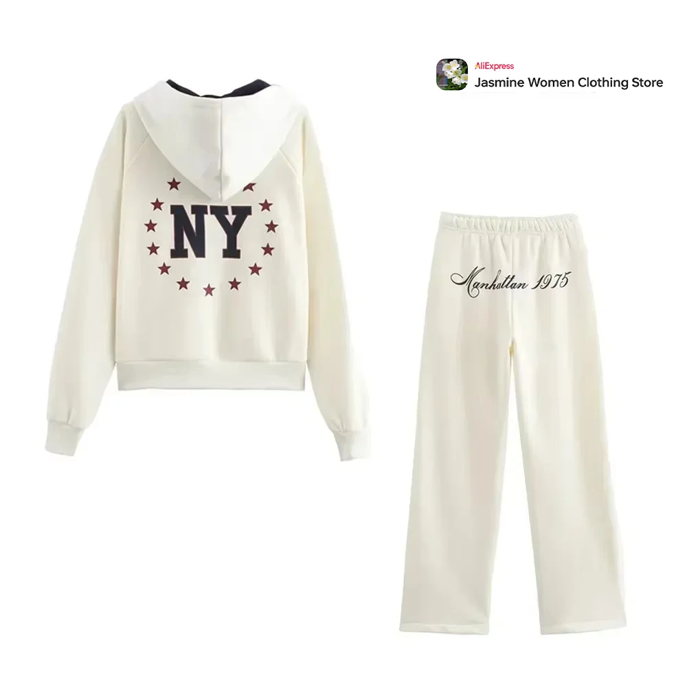 Women New Complete Crews Varsity White Sports Suit Comfy Text Print Ensemble 2-Piece Pants Set New in Adjustable Drawstring Hood