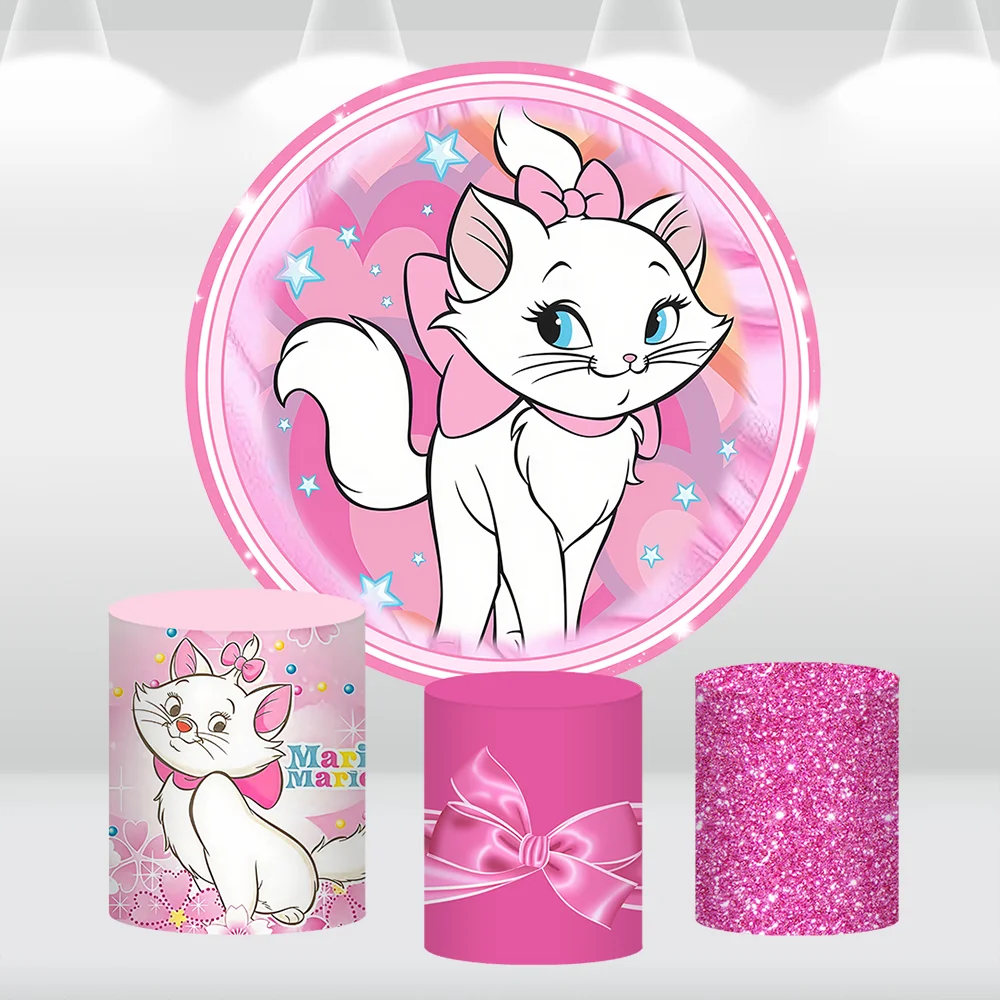 

Набор для вечеринки Disney Marie Cat: круглый фон с розовым бантом, баннер для дня рождения, цилиндрические чехлы для детского праздника