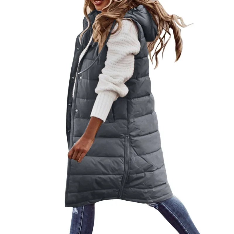 Women Loose Single-Breasted Cardigan Parkas Winter Parkas Vest Coat Women\'s Casual Sleeveless Hooded Solid Color Long Vest Coat