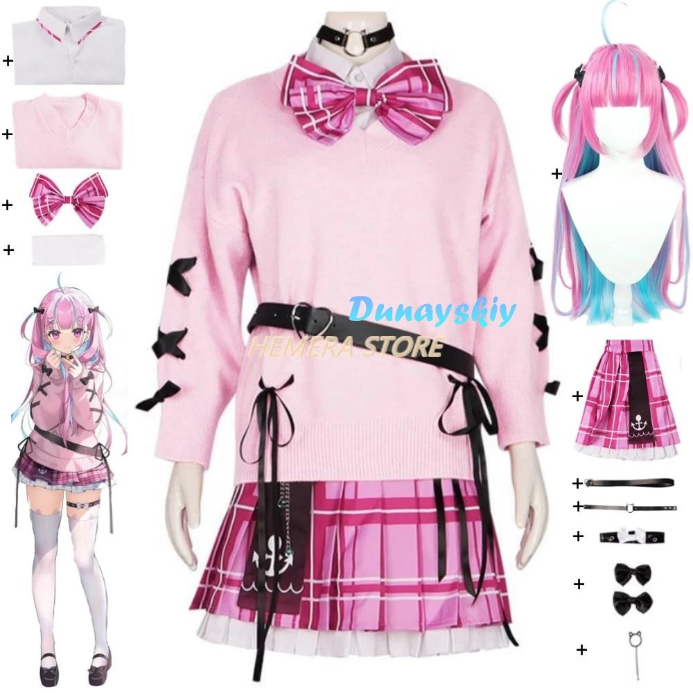 YouTuber VTuber Minato Aqua Debu, disfraz de Cosplay, peluca, suéter de Anime, camisa, falda, uniforme JK, traje de fiesta de Carnaval y Halloween