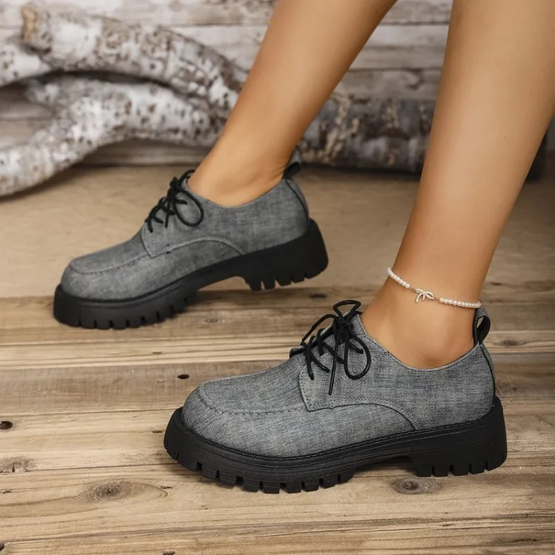 حجم كبير المتسكعون النساء أحذية منصة مكتنزة الدانتيل متابعة حذاء كاجوال النمط البريطاني مريح الانزلاق على الخريف موضة الشقق #3