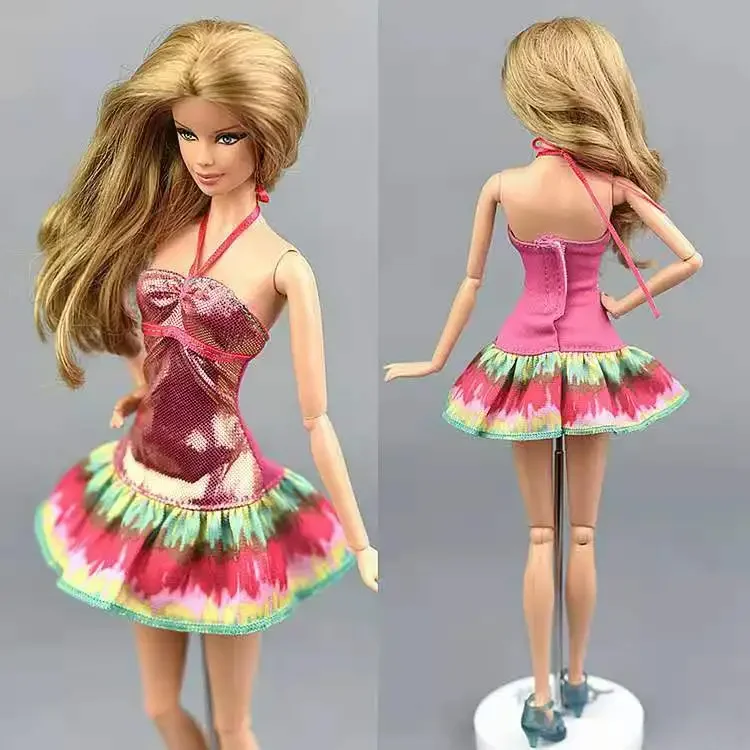 High Quality Sexy Pink Short Dress For Barbie Doll Clothes Flounced Edge Vestidoes Outfits 1/6 BJD Dolls Accessories Kid DIY Toy