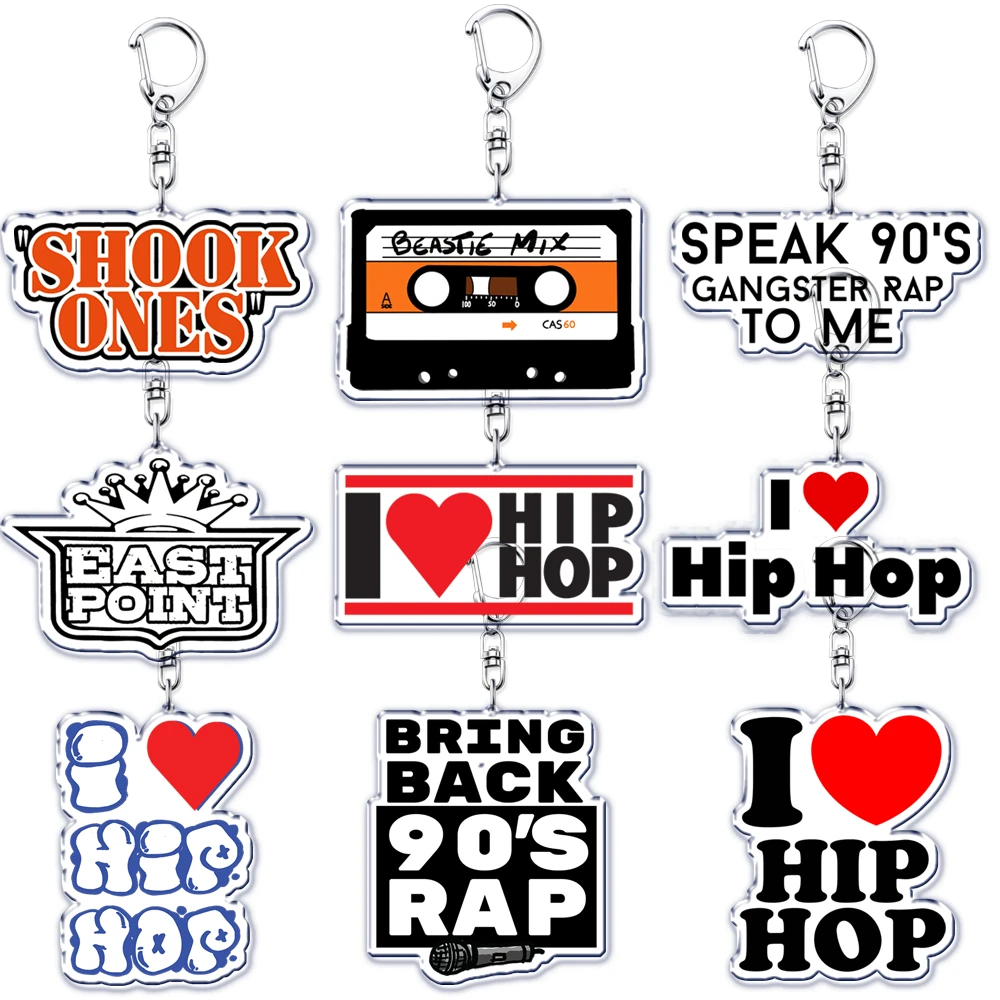 Retro East Coast I Love Hip Hop Keychain for Accessories Bag Rap Music Rapper Pendant Key Chain Ring Keyring Jewelry Fans Gifts