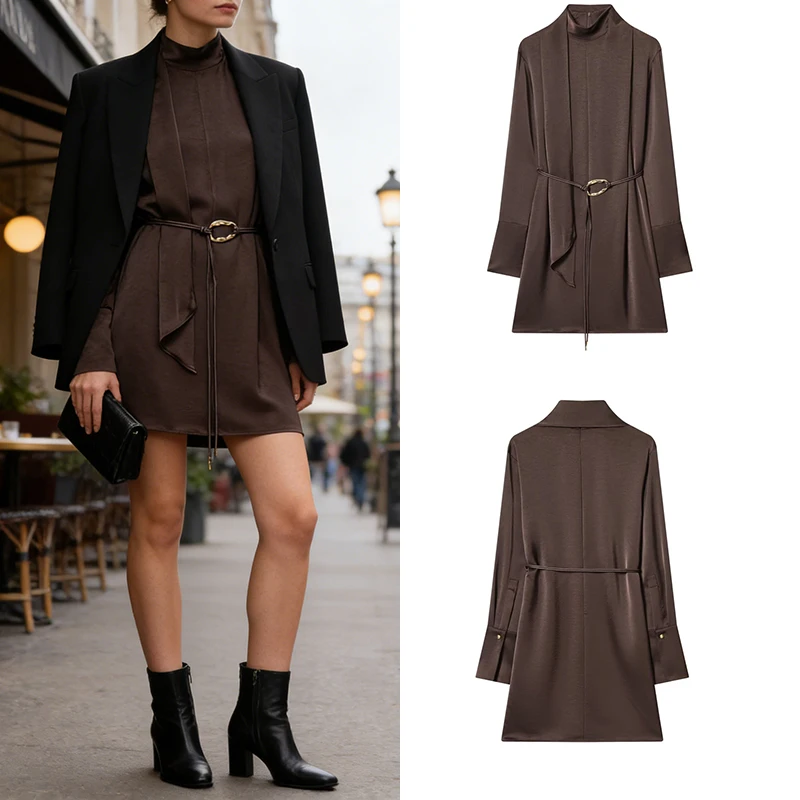 Sukienka midi damska z długim rękawem, czekoladowo-brązowa, satynowa, z golfem, z paskiem, asymetryczna, drapowana, elegancka suknia na przyjęcie.