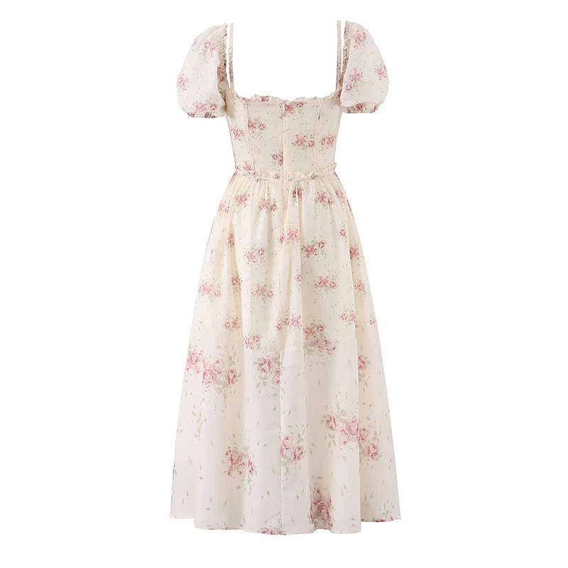 Women's  Floral Corset Midi Dress Vintage Puff Sleeve Drawstring Waist A-line Summer Vacation Party Dresses Boho Robe