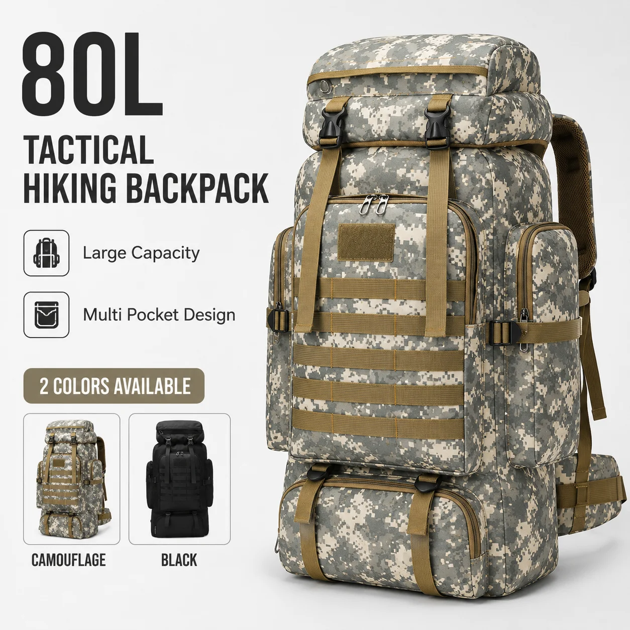 

80L Tactical Hiking Backpack Oxford Cloth Large Capacity Outdoor Camping Travel Bag Men Camouflage Mountaineering Rucksack Pack
