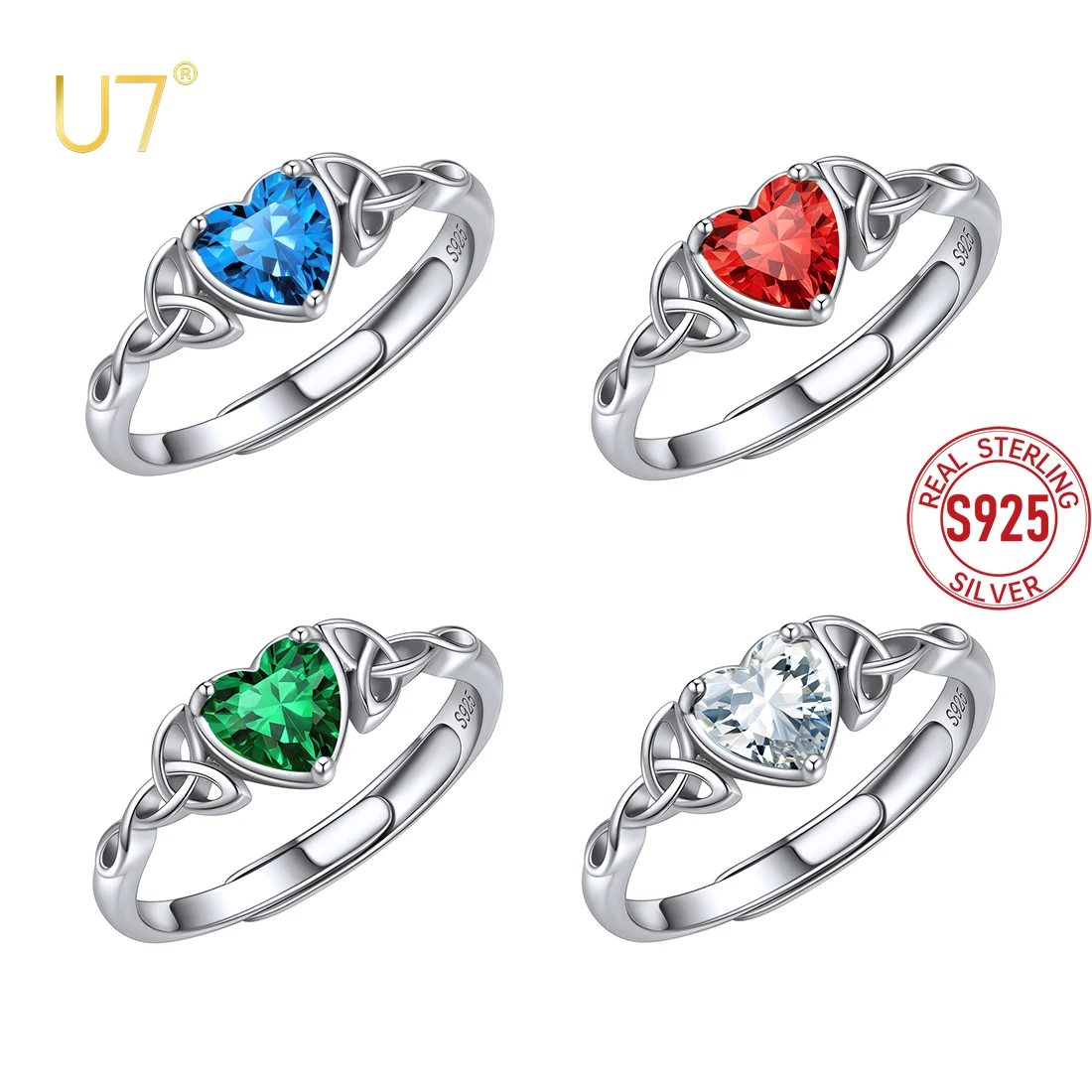 

U7 925 Sterling Silver Celtic Knot Rings with Heart Shape Birthstone Promise Engagement Wdeeding Ring Dainty Jewelry for Women