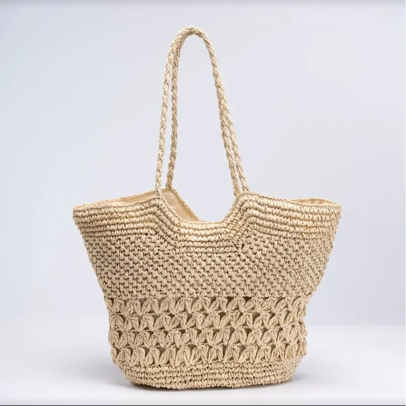 Hollow Woven Paper Rope Straw Tote Bag Handmade Seaside Style Large Capacity Shoulder Bag for Women Beach Holiday Travel view 3