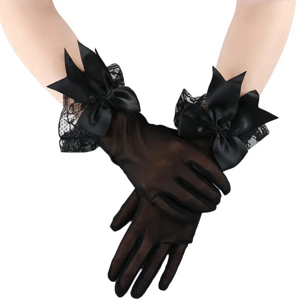 

Black White Ladies Wrist Gloves Weddings Parties Bride Mittens Lace Gloves Large Bownot Mesh Gloves