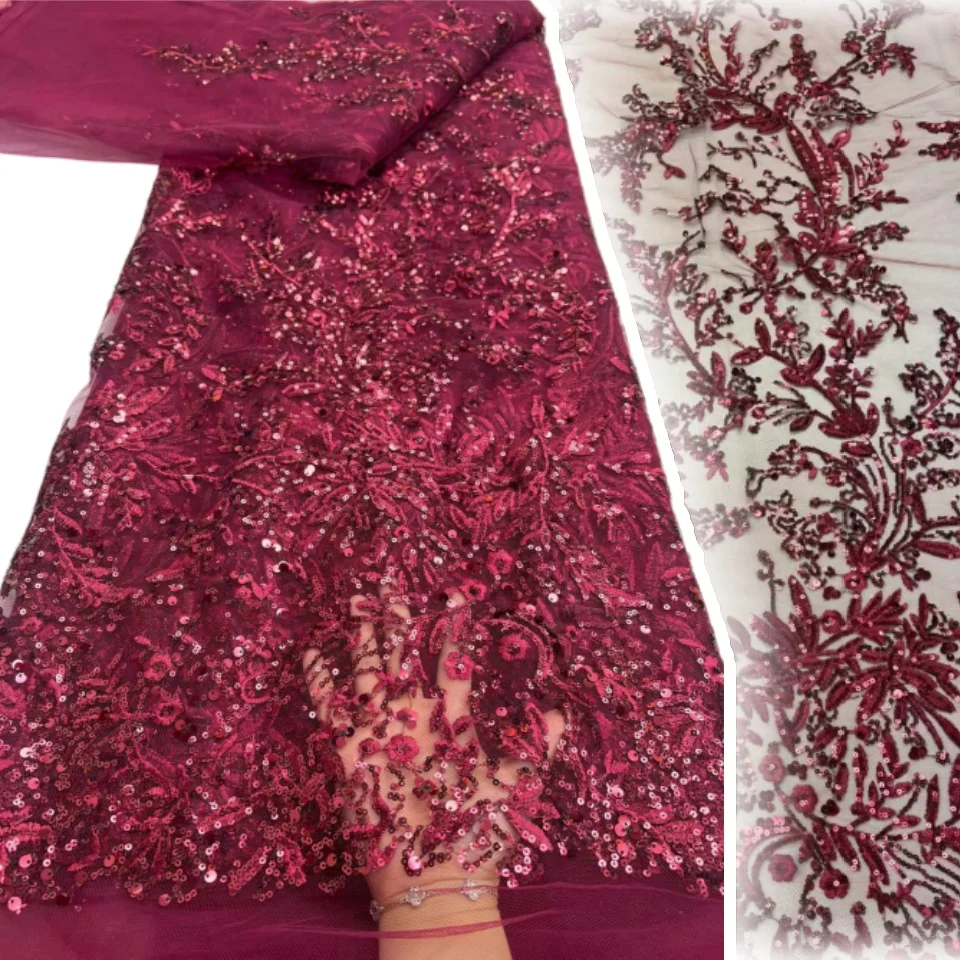 

Pink African Groom Beaded Lace Fabric 2026 High Quality Nigerian Sequins Embroidery Lace for Bridal Party Dress Sewing 2794