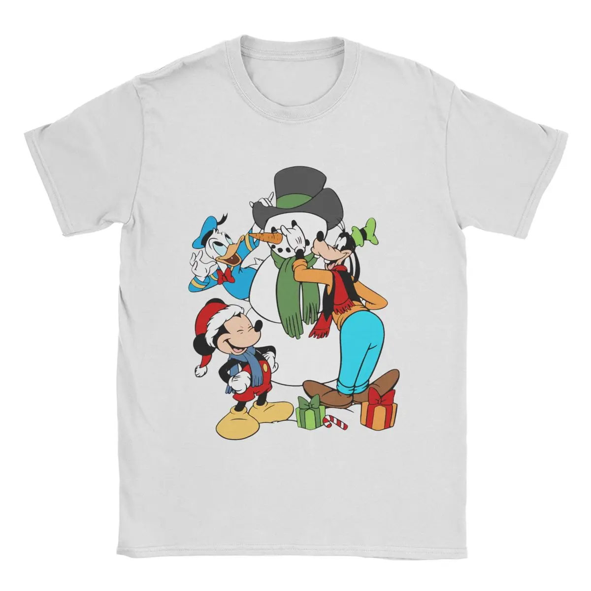 Camisetas navideñas de ocio de Mickey y Pato Donald para hombre, camisetas de algodón puro con cuello redondo, camiseta de manga corta, ropa de regalo