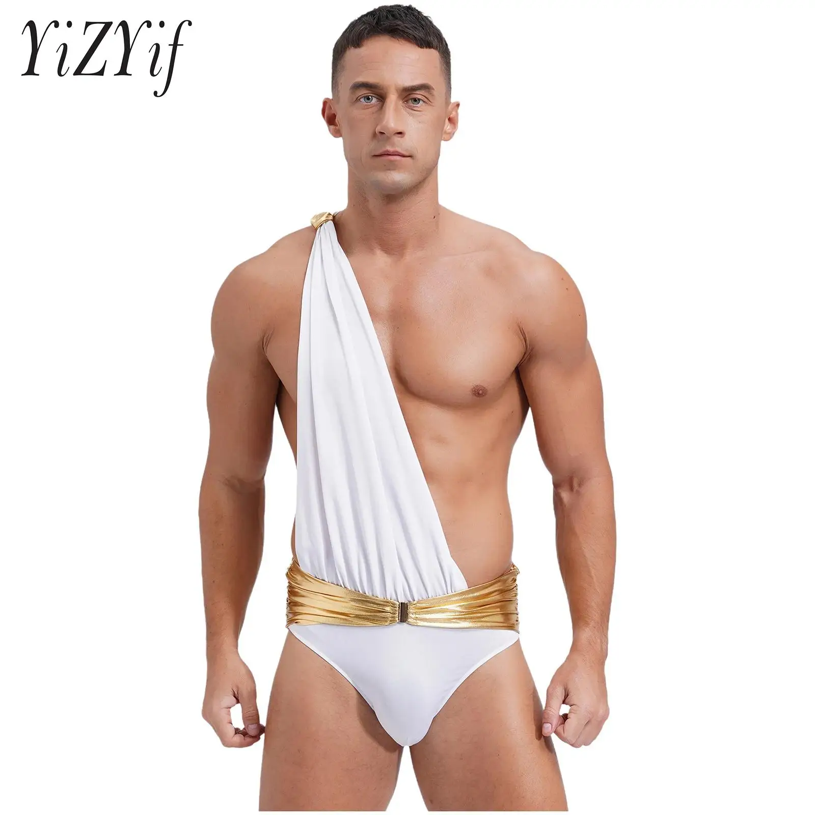 

Men Cosplay Halloween Ancient Greek Roman Jumpsuits One Shoulder Metallic Belt Briefs Toga Bodysuits for Cupid Dress-up Clothing