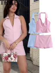 TRAF 2024 Women Fashion Skirts Shorts Set Chic Halter Shirt Neck Backless Top & Shorts Sweet Pink Summer Sexy Shorts Sets