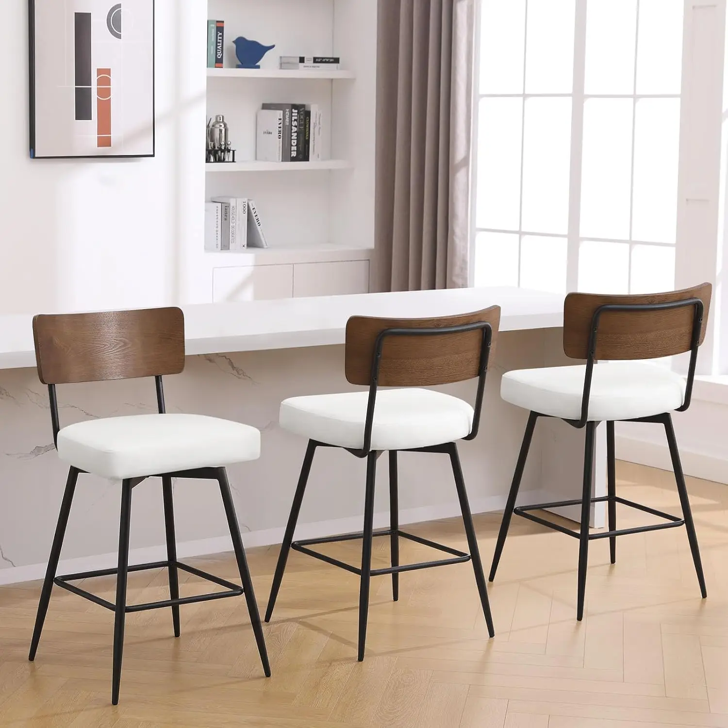 Counter Height Swivel Bar Stools Set of 3, Upholstered Faux Leather Barstools with Wood Backs and Metal Legs