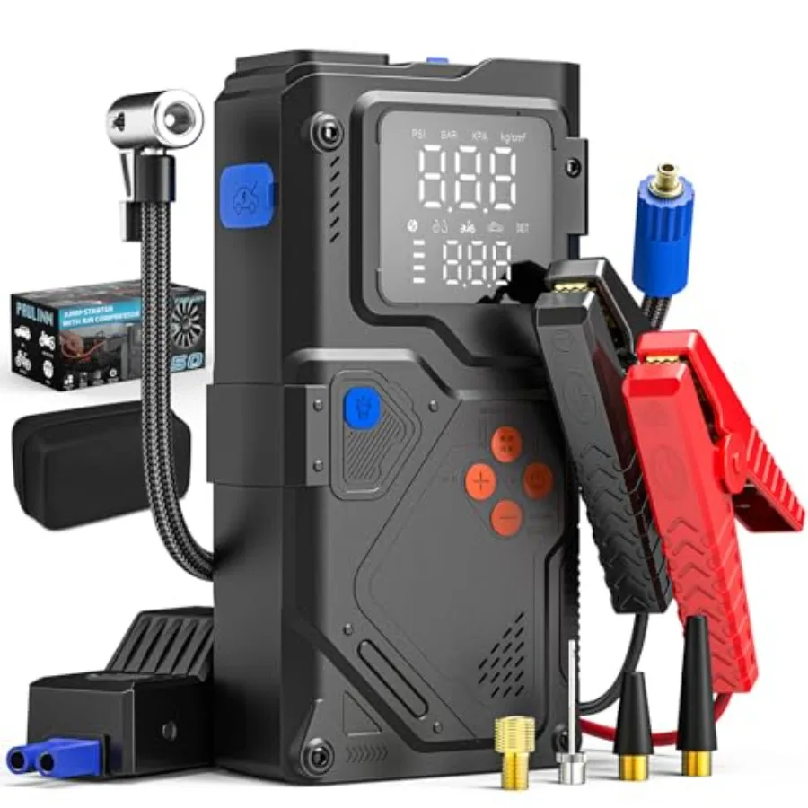 Portable Jump Starter with Air Compressor 150PSI and 6000A Peak Current for All Gas and 10L Diesel Vehicles Includes Ti