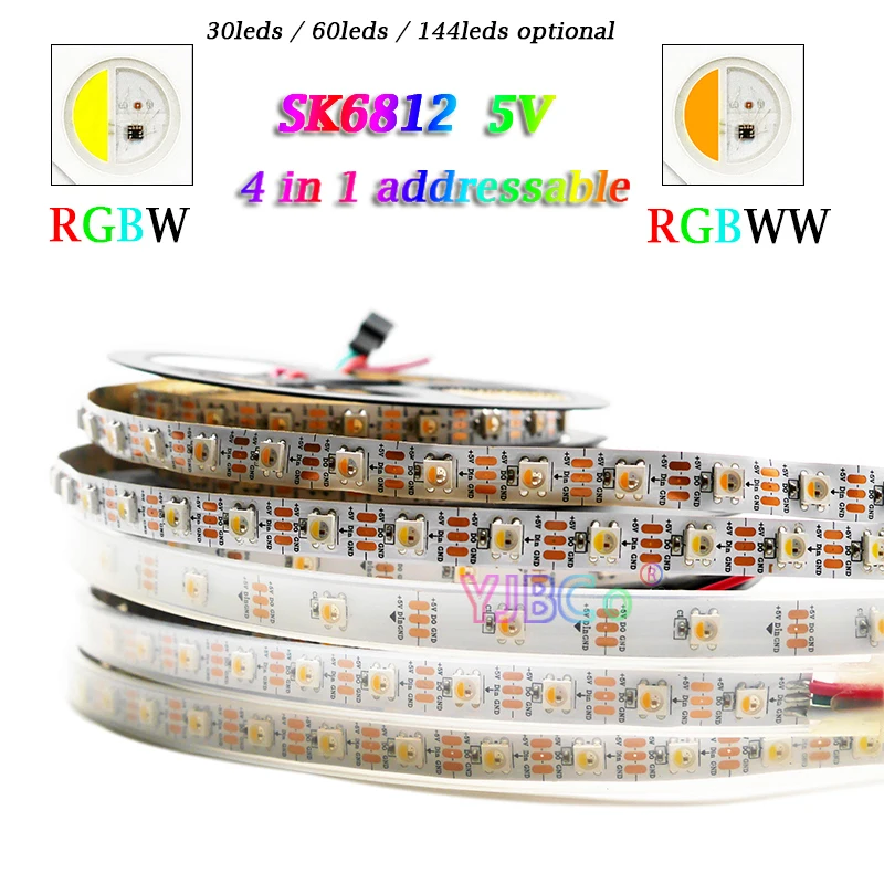 Led strip rgbw rgbw 4 em 1, smd 5050, tira de luz branca, ic sk6812, 30/60/144 leds/m, barra de luz inteligente, 1-5m, 5v