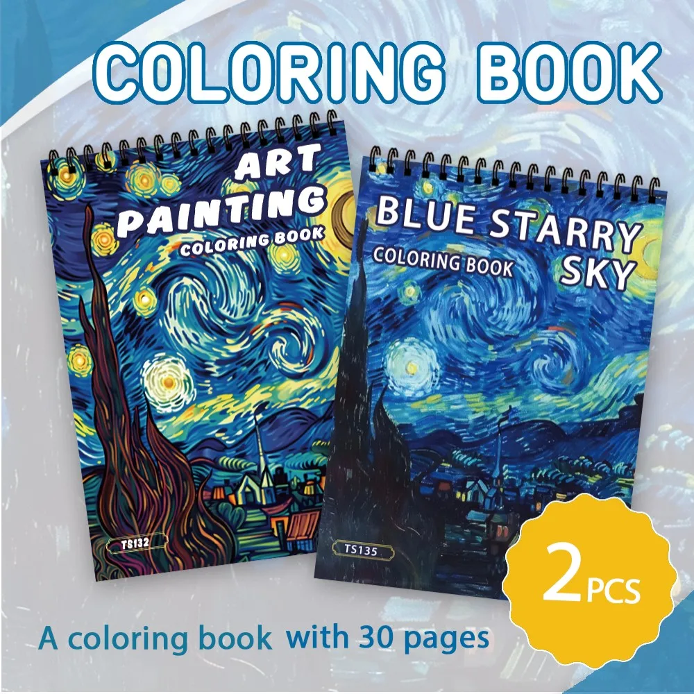 2Pcs, Van Gogh Starry Sky Book, Adult Coloring Book, Fun  Book, 11.2x8.26 Inch 30 Page Spiral Coloring Book