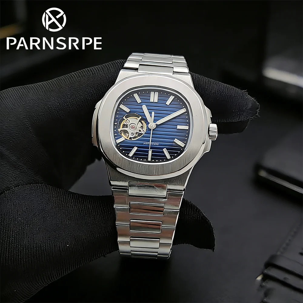 2026 New Parnsrpe NH38 Mechanical Watch Men Luxury Sapphire Crystal Cushion Case Blue Stripe Dial Luminous Waterproof Business D