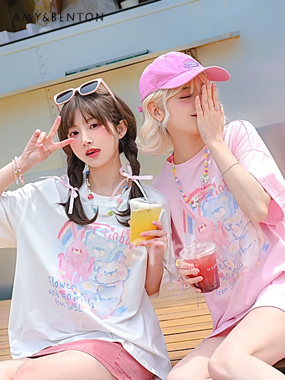 

Dopamine Sweet Girl Cute Cartoon Printed Short-Sleeved T-shirt Summer New Preppy Style Kawaii Oversized T Shirt Hot Girl Y2K Top