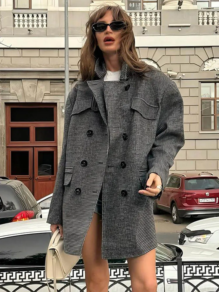 

Trendix Vintage Checkered Double Breasted Trench Coat Oversized Fashion Outerwear Women Pocket Patchwork Wool Jacket Coats 2025