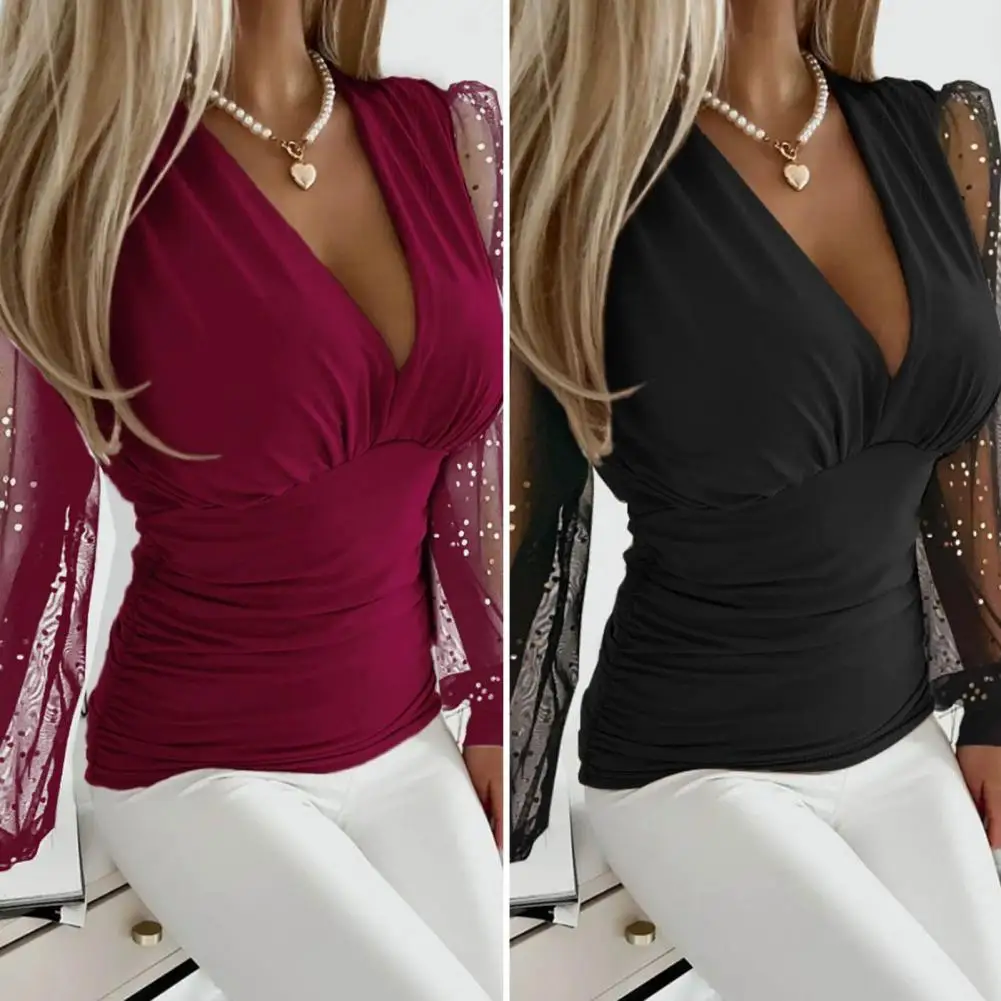 Sexy V Neck Lace Tight Fitting Shirt Blouse Office Loady Spring Fashion Elegant Solid Hollow Out Shirt For Women Female Tops