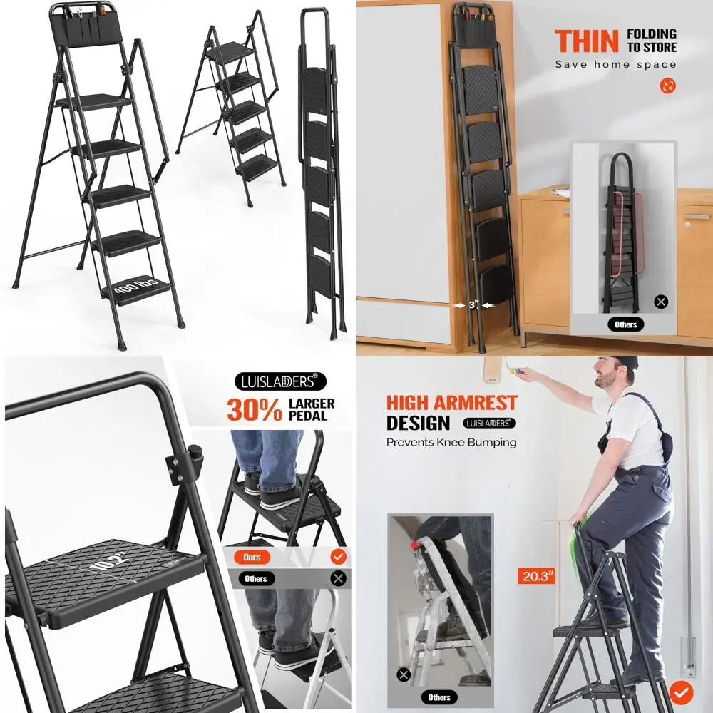 Scaletta pieghevole antiscivolo a 5 gradini con corrimano, pedali leggeri e allargati, supporta fino a 330 libbre per la sicurezza e la comodità