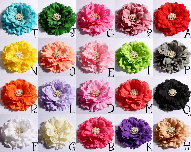 4pcs/lot 11cm 20colors Peony Flowers + Rhinestone Pearl Buttons For Kids Girls Hair Accessories Fabric Flowers For Headbands