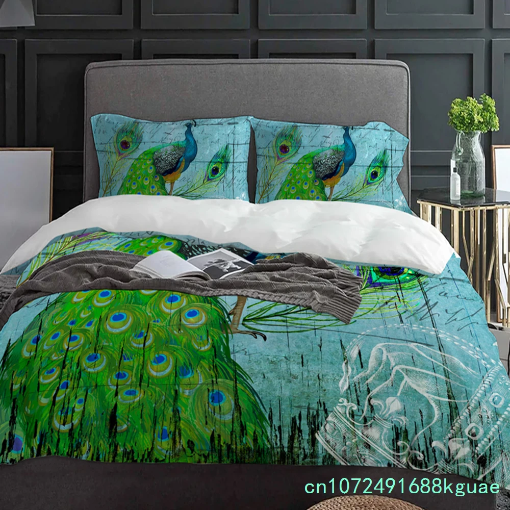 Peacock Wood Grain Feather Retro Duvet Cover With Pillow Case Custom 3pcs Bedding Set Quilt Cover Double Bed Home Textile 3