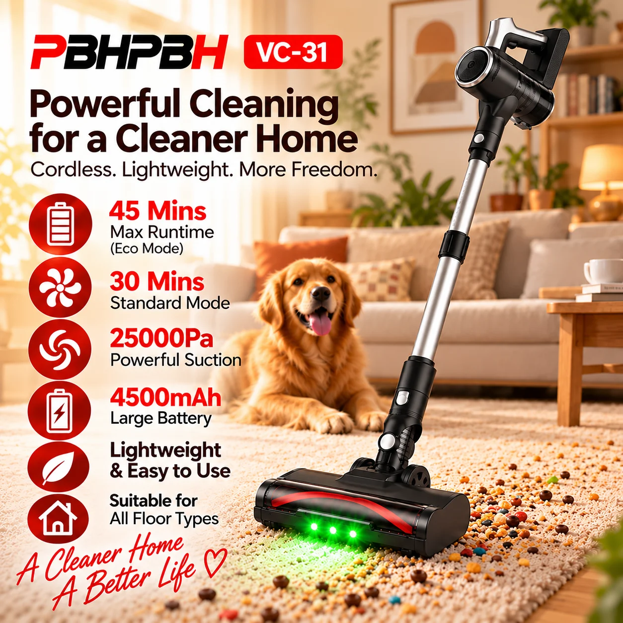 PBHPBH Powerful Handheld Vacuum Cleaner—ideal for cleaning up pet hair, various floor types, and car interiors. It features a lightweight upright design, a runtime of up to 45 minutes, a two-speed motor, and an LED-illuminated floor brush.