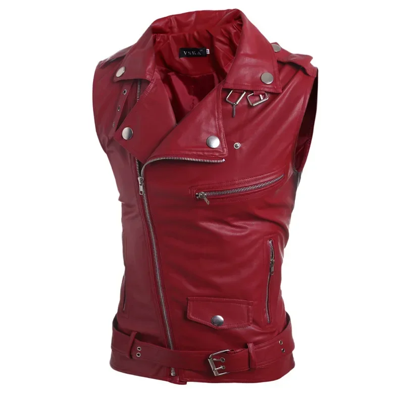 TPJB New Fashion Street Men's Jackets Pu Leather Vest Slim Fit Punk Multi Zipper Lapel Short Vest Coat Black Red