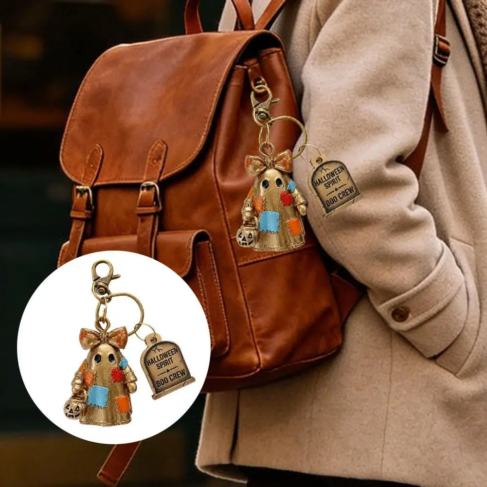 Vintage Patchwork Ghost WIth Bell Keychain Halloween Party Pendant Metal Key Ring Bag Witchy Bats Spooky Motel Keychain Gift