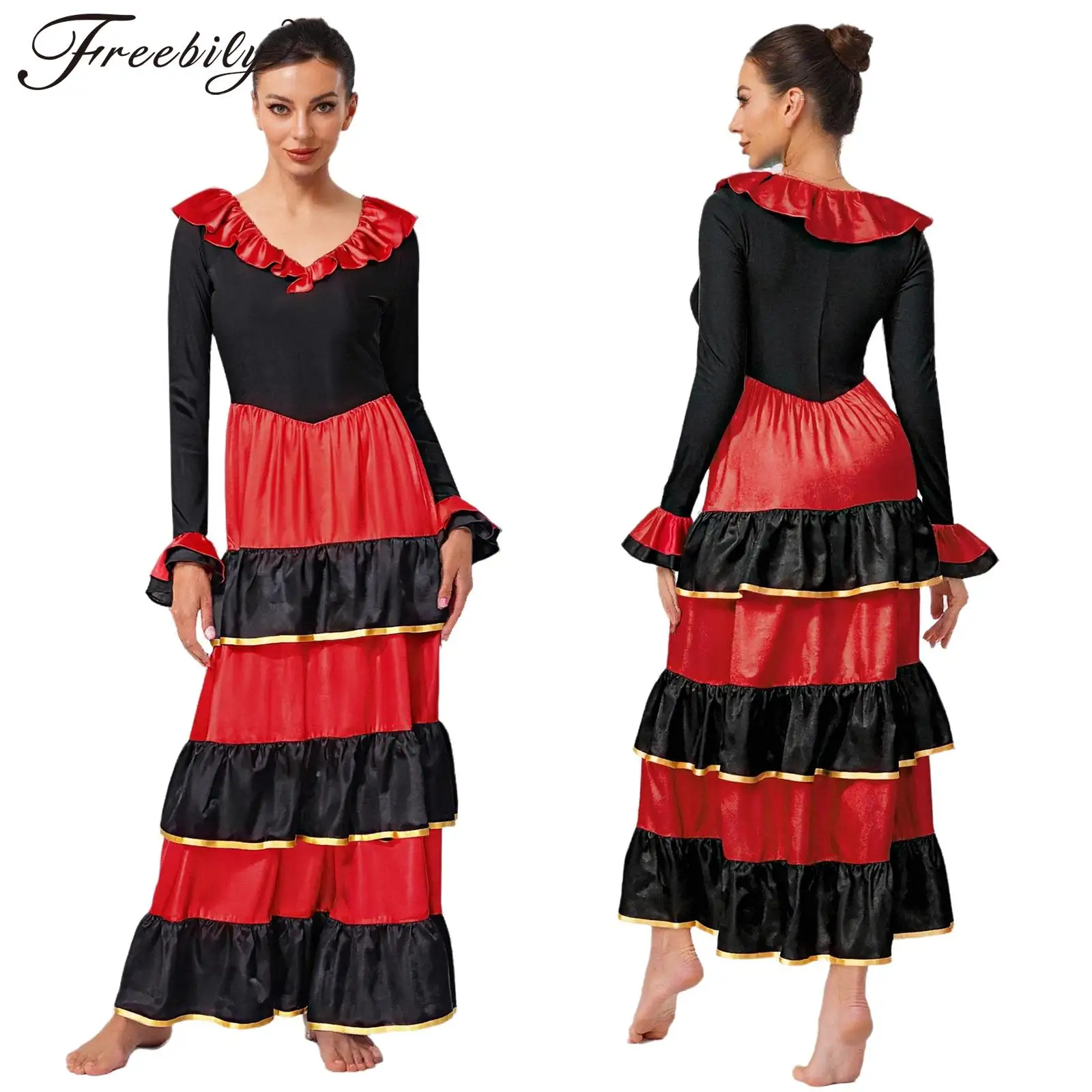 Vestido de baile Flamenco para mujer, vestidos largos de manga larga con volantes escalonados y columpio grande para Paso español Doble, baile de salón latino, Rumba