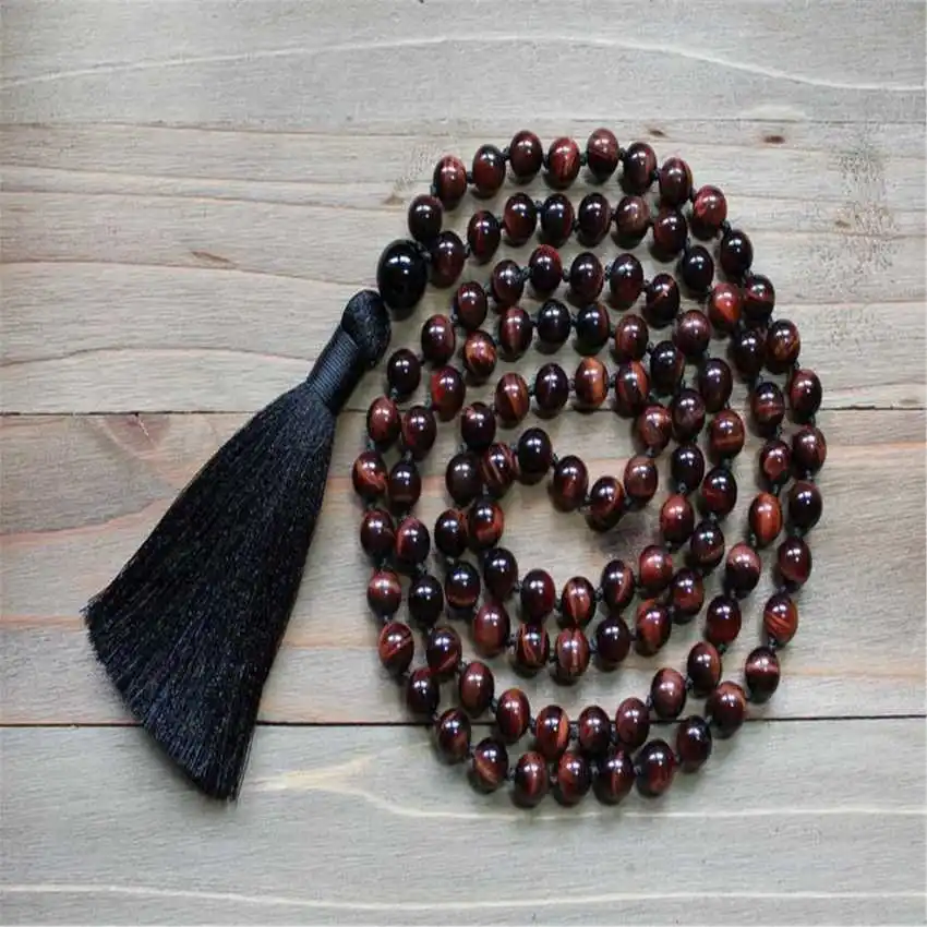 Natural Red Tiger's Eye Mala Beads Necklace 108 Beads with Onyx Pendant & Black Tassel Healing Crystal Jewelry