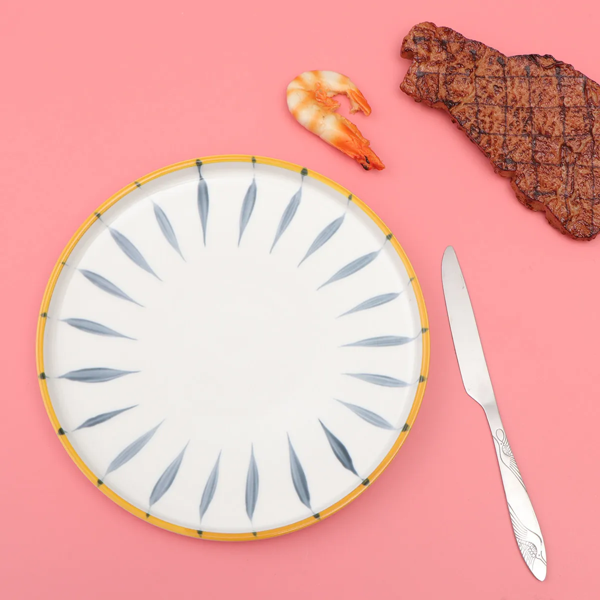 

1Pcs Hand-Painted Ceramic Plate Retro Style Steak Dish Kitchen Utensil White Blue for Home Restaurant Hotel Steak Plate