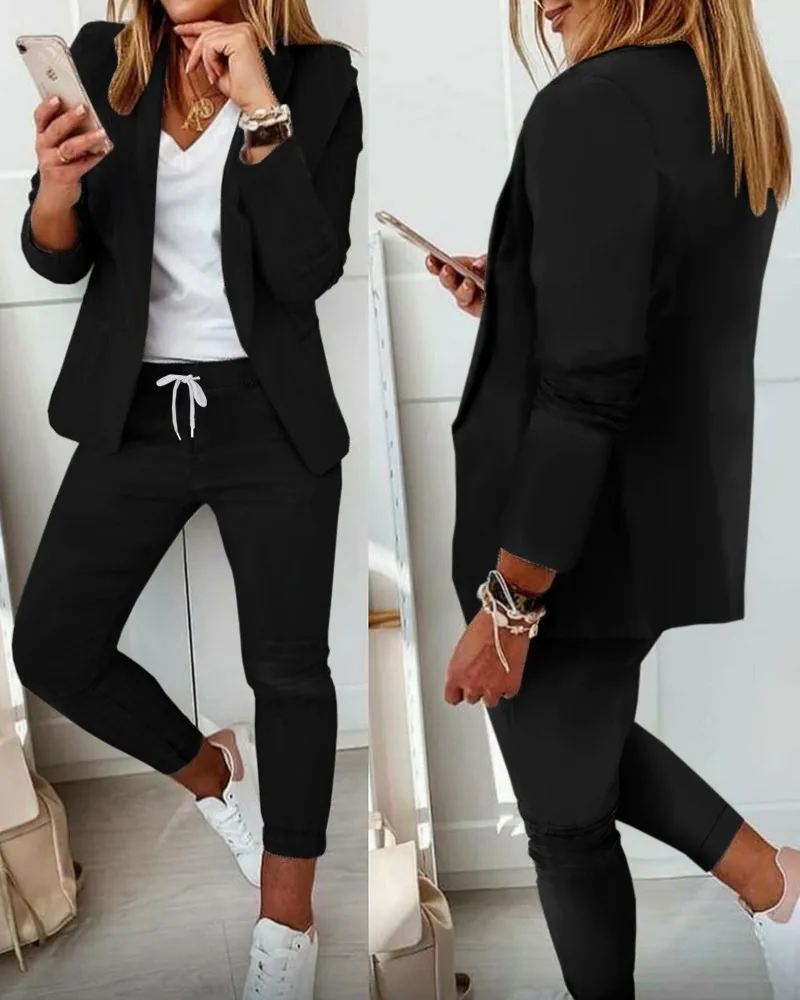 Women\'s Monochrome Casual Business Suit Temperament Commuting Pants Drawstring Elastic Waist Fashion Slit Suit Two-piece Set