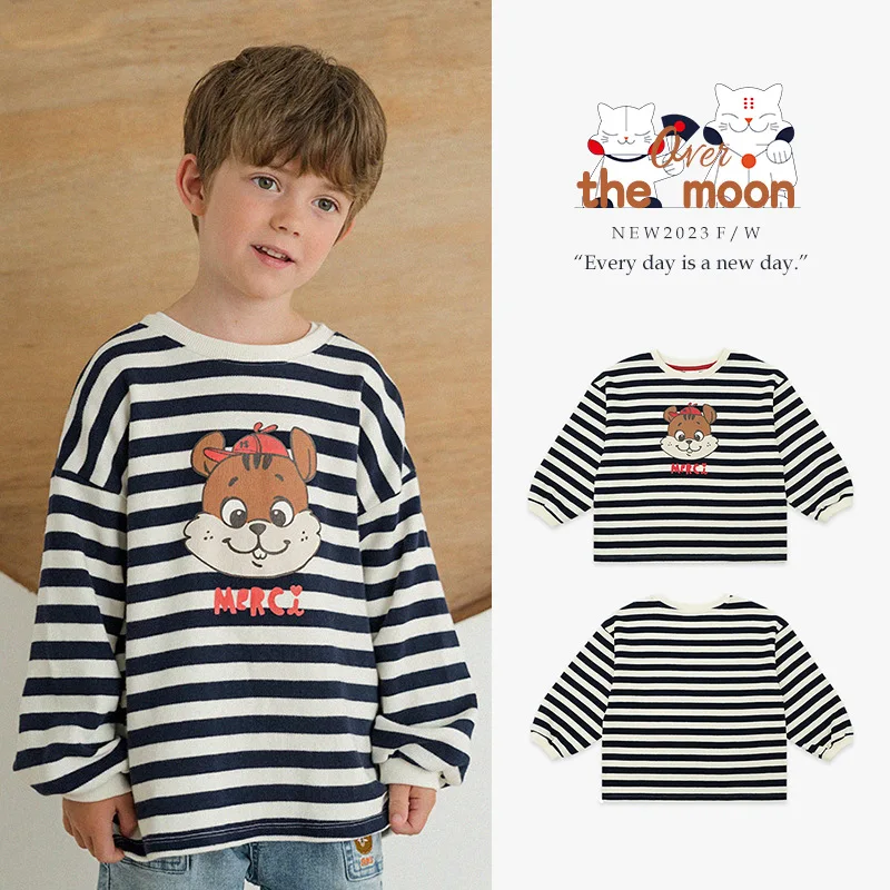 

Jenny&Dave Spot 23 Autumn New Children's Casual Top Small and Medium Boys and Girls Cute Squirrel Print Striped Sweater for Chil