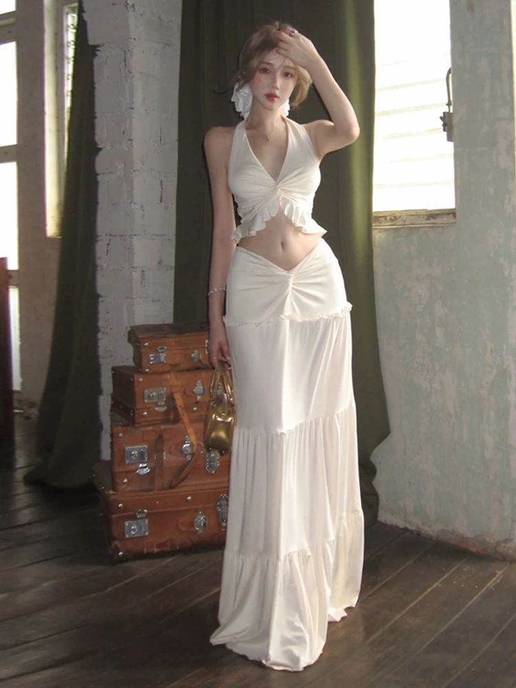 

Ретро Vaion Sle Knot V-Ne ter Топ и юбка с запахом, комплект из двух предметов с большой воланами на талии, женский ансамбль Faion